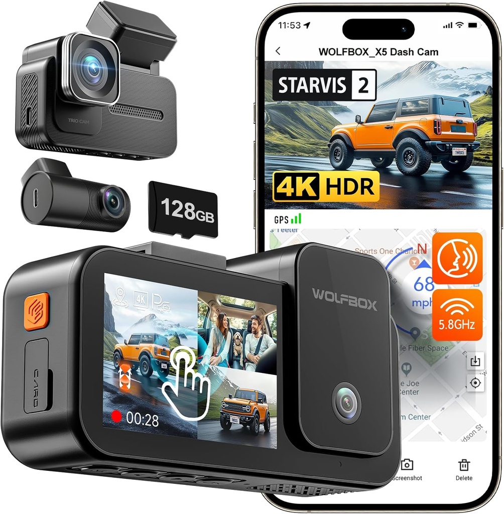 DVR PARKING MODE RESOLUCIÓN 4K(F) +2.5K(I) +1080P (R) WIFI Y GPS
