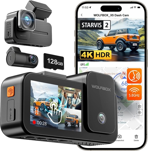 [X5] DVR PARKING MODE RESOLUCIÓN 4K(F) +2.5K(I) +1080P (R) WIFI Y GPS